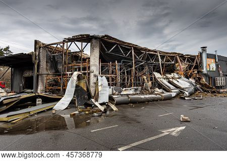 Hostomel, Kyev Region Ukraine - 09.04.2022: Outside The Store, Which Was Bombed, Was Looted By Russi