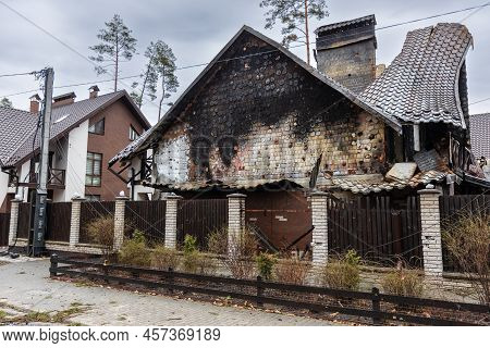Irpin, Kyev Region Ukraine - 09.04.2022: Cities Of Ukraine After The Russian Occupation. Destroyed B