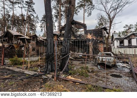 Irpin, Kyev Region Ukraine - 09.04.2022: Cities Of Ukraine After The Russian Occupation. Destroyed B