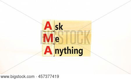 Ama Ask Me Anything Symbol. Concept Words Ama Ask Me Anything On Wooden Blocks On A Beautiful White 