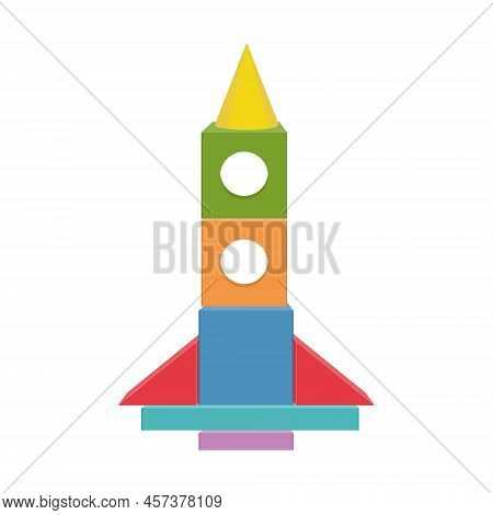 Colorful Wooden Rocket Toy Made Of Wooden Blocks, Vector Illustration In A Flat Style, Isolated On A