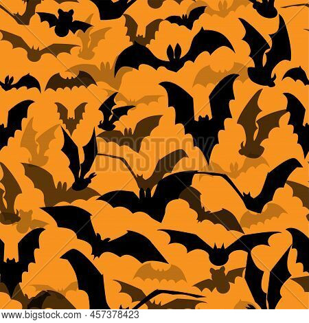 Seamless Halloween Vector Pattern With Various Flying Bat Silhouettes On Orange Background. Texture 