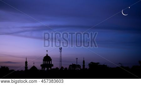 Ramadan, Eid Ai-fitr,new Year Muharram Islamic Religion Symbols With Silhouette Mosque Dome And Cres