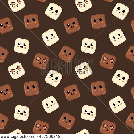 Milk White Kawaii Chocolate Cubes Seamless Pattern. Chocolate Bar Background. Happy Smiling Star Eye