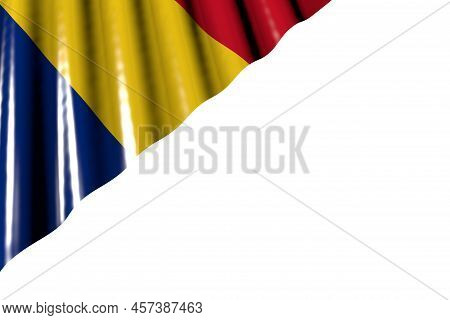 Nice Glossy Flag Of Romania With Big Folds Lay In Left Top Corner Isolated On White - Any Occasion F