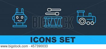 Set Line Toy Train, Robot Toy And Drum With Drum Sticks Icon. Vector