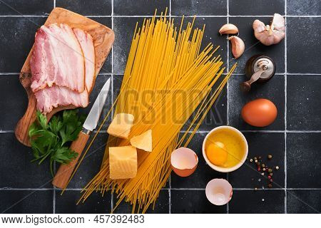 Ingredients For Pasta Carbonara. Traidtional Italian Pasta Carbonara Ingredients Bacon, Spaghetti, P
