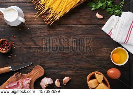 Ingredients For Pasta Carbonara. Traidtional Italian Pasta Carbonara Ingredients Bacon, Spaghetti, P