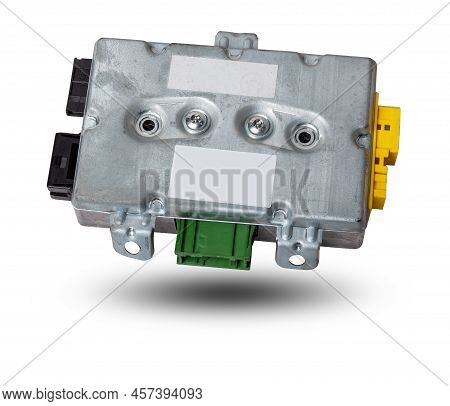 Plastic Car Engine Control Unit With Metal Elements On A White Isolated Background Is The Connecting