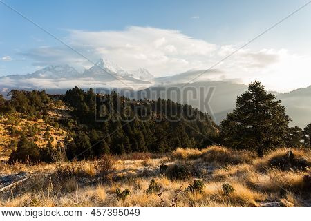 View Of Annapurna Mountain Range From Poon Hill On Sunrise. Its The Famous View Point In Gorepani Vi