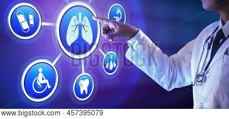Doctor Hand Pushing Button On Virtual Screen. Medical Technology Concept