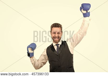 Relentless Struggle And Success. Happy Man Ready For Corporate Battle.