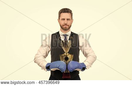 Successful Ceo Boxer. Relentless Struggle And Success. Confident Man Win Corporate Battle.