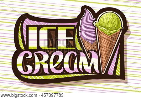 Vector Logo For Ice Cream, Black Tag With Illustration Of Two Different Icecreams In Brown Waffle Co