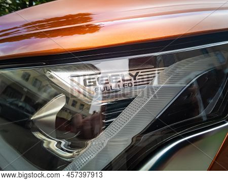 Minsk, Belarus- June 2022: Led Headlights Geely Coolray Car.