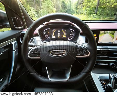 Minsk, Belarus-june 2022: Geely Coolray's Car Steering Wheel And Dashboard.