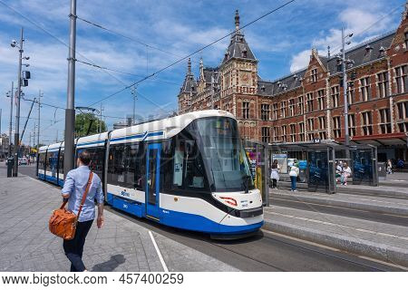 Amsterdam, The Netherlands - 21 June 2022: Gvb Tram At Centraal Station Square