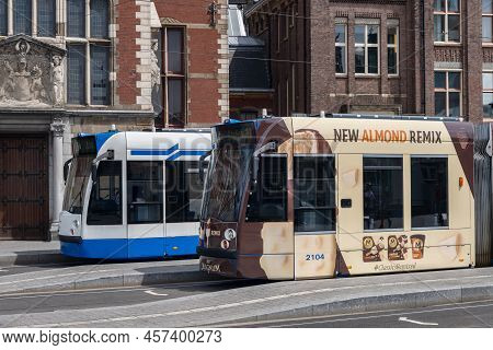 Amsterdam, The Netherlands - 21 June 2022: Gvb Trams At Centraal Station Square