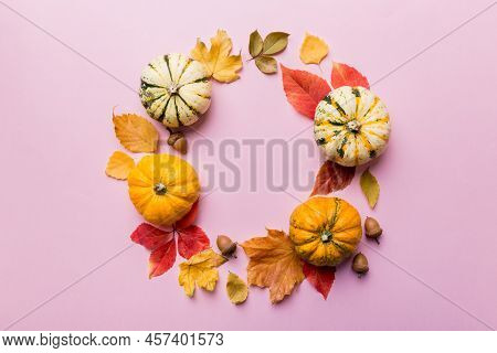 Autumn Composition Pumpkins With Fall Leaves Over Coloredbackground. Top View With Copy Space.
