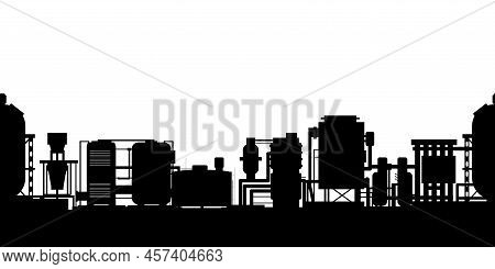 Production Plant. Tanks Motors And Pipelines. Isolated On White Background. Silhouette Objects. Tech
