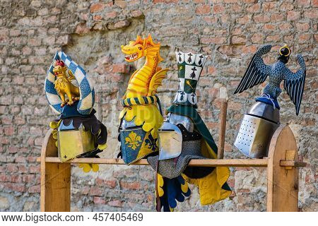 Exhibited Replicas Of Historical Knightly Helmets