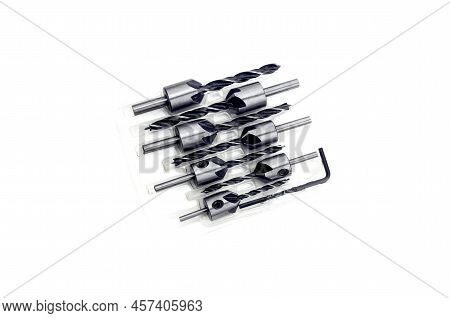 Instruments. The New, Modern, Set Of Five Various Forstner Bits For Wood On White Background Close-u
