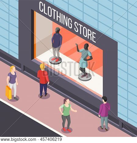Showcase Of Fashion Clothing Store With Dummies Isometric Background With Persons Watching Vitrine F