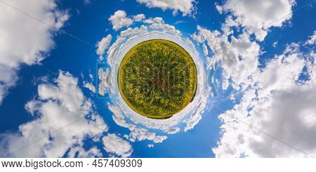 Little Planet Projection Of 360 Degree Spherical Panorama Of Summer Day Blossomong Yellow Rapseed Co
