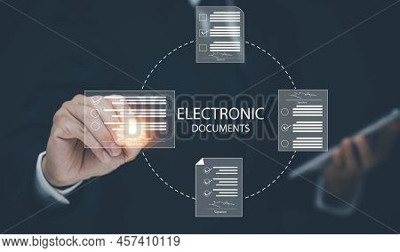 Signing Electronic Documents On Digital Documents Online, Businessman With Contract Electronic Signa
