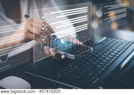 Signing Electronic Documents On Digital Documents Online, Businessman With Contract Electronic Signa