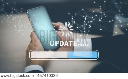 Hand Touch Bar Of Update Software Computer Program Upgrade Business Technology Internet, Update On V