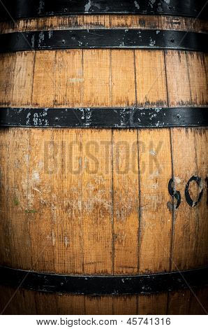 Detail Of Wooden Barrel With Metal Hoops.