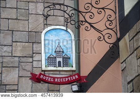Bukit Tinggi, Malaysia - Jun 08, 2022: Hotel Reception Sign Of Colmar Tropicale In Berjaya Hills, Bu