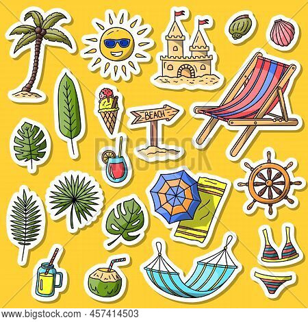 Vector Hand Drawn Summer Doodle Color Sticker Set. Collection Includes Road Sign, Bikini, Ship Rudde
