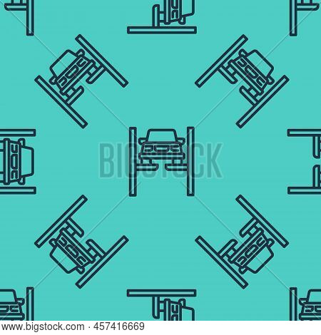 Black Line Repair Car On Lift Icon Isolated Seamless Pattern On Green Background. Repair Of The Unde