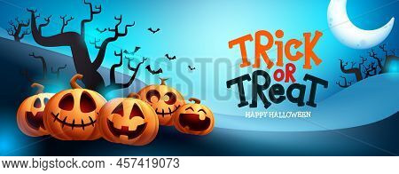 Halloween Celebration Vector Design. Trick Or Treat Text With Jack O Pumpkin Characters In Night Spo