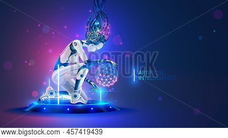 Woman Cyborg Or Robot With Ai Knelt Down On Futuristic Platform In Cyberspace. Artificial Intelligen