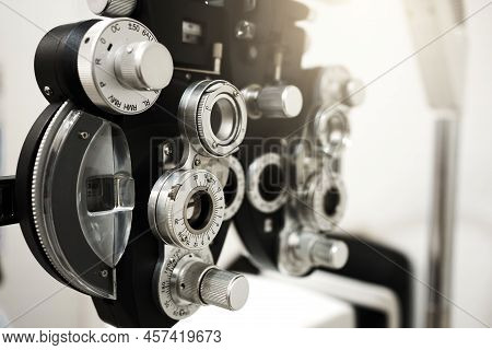 Close Up Of Phoropter Eyesight Measurement Testing Machine, Eye Health Check And Ophthalmology Conce