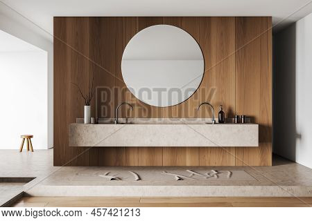 White Bathroom Interior With Double Sink And Round Mirror, Vase With Dried Flower And Hotel Bathing 