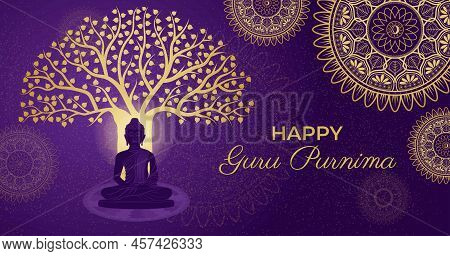 Happy Guru Purnima Gautama Buddha, Bodhi Tree, Golden Ornate Luxury Mandala Background. Traditional 