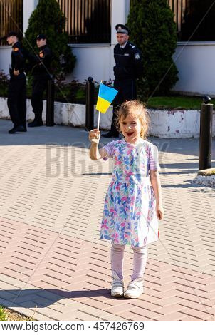 Chisinau, Moldova - Circa May 2022: Demonstration Near The Russian Federassion Ambassy. Little Girl 