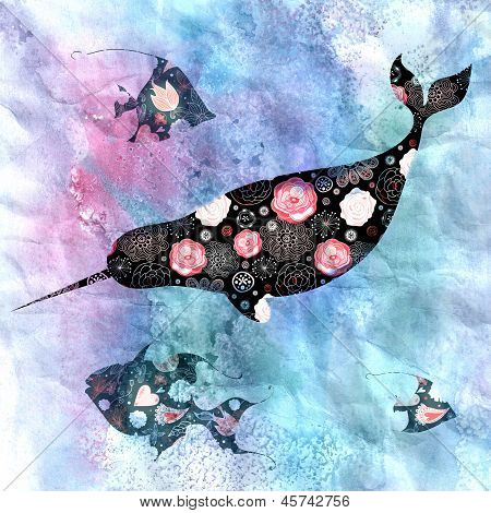 Marine Hintergrund mit Narwale und Fisch