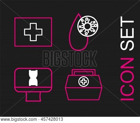 Set Line First Aid Kit, Dna Spiral And Computer, Blood Test Virus And Icon. Vector