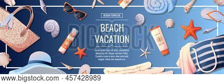 Beach Banner With Accessories For Relaxing By The Sea On A Blue Background . Beach Bag, Sunscreen, G