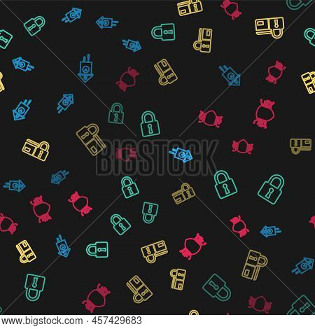 Set Line Retro Wall Watch, Lock, Credit Card With Lock And Cyber Security On Seamless Pattern. Vecto