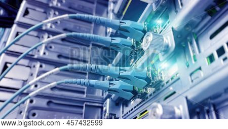 Optical Connection. Cables Pluged In Network Server.