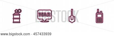 Set Line Hand Smoke Grenade, Shovel, The Word War And Walkie Talkie Icon. Vector
