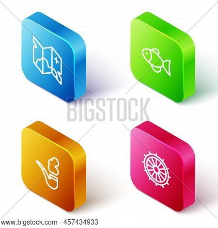 Set Isometric Line Pirate Treasure Map, Fish, Smoking Pipe And Ship Steering Wheel Icon. Vector