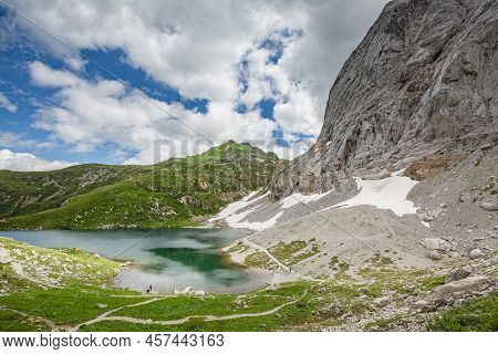 Mountain Hiking Trail Road. Small Mountain Lake. Between Italy And Austria: Volaia Lake Raunchkofer