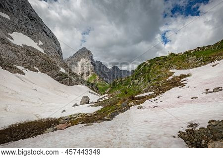 Mountain Hiking Trail Road. Small Mountain Lake. Between Italy And Austria: Near Volaia Lake Raunchk